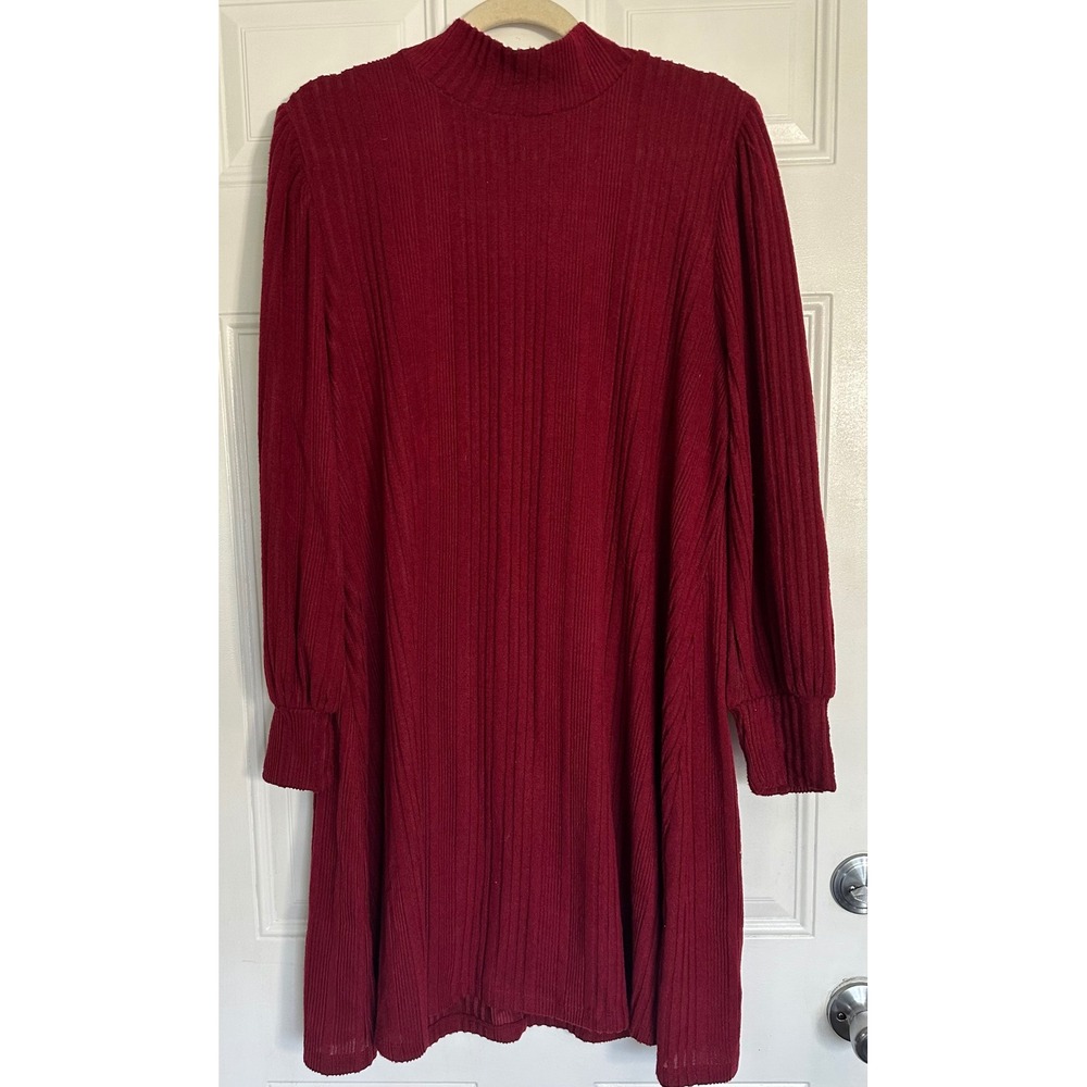 Maurices Womens 1X Burgundy Ribbed Mock Neck Puff Sleeve Swing Dress Wine Red